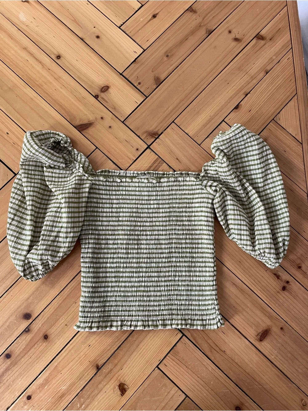 Reformation Marilyn Olive Green Gingham Smocked Puff-Sleeve Top size XS